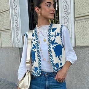Vintage Blue Floral Boho Embroidered Vest